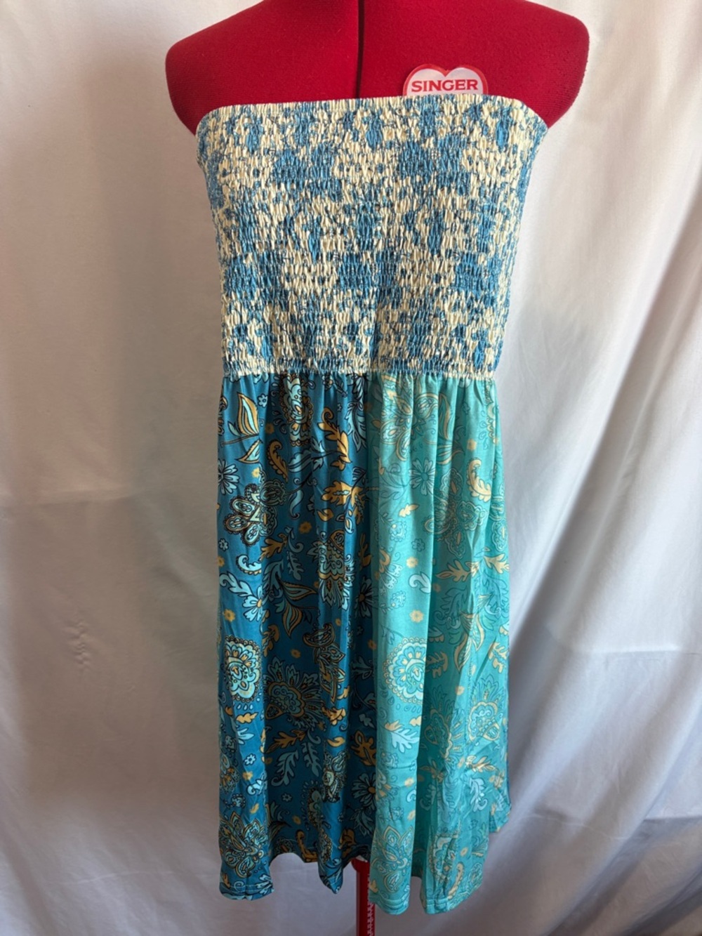 Strapless Smocked Aqua and White Paisley Summer Dress